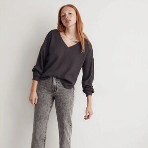 Madewell Waffle Knit V-Neck Long-Sleeve Sweater Coal Gray Women L Boho Cozy‎